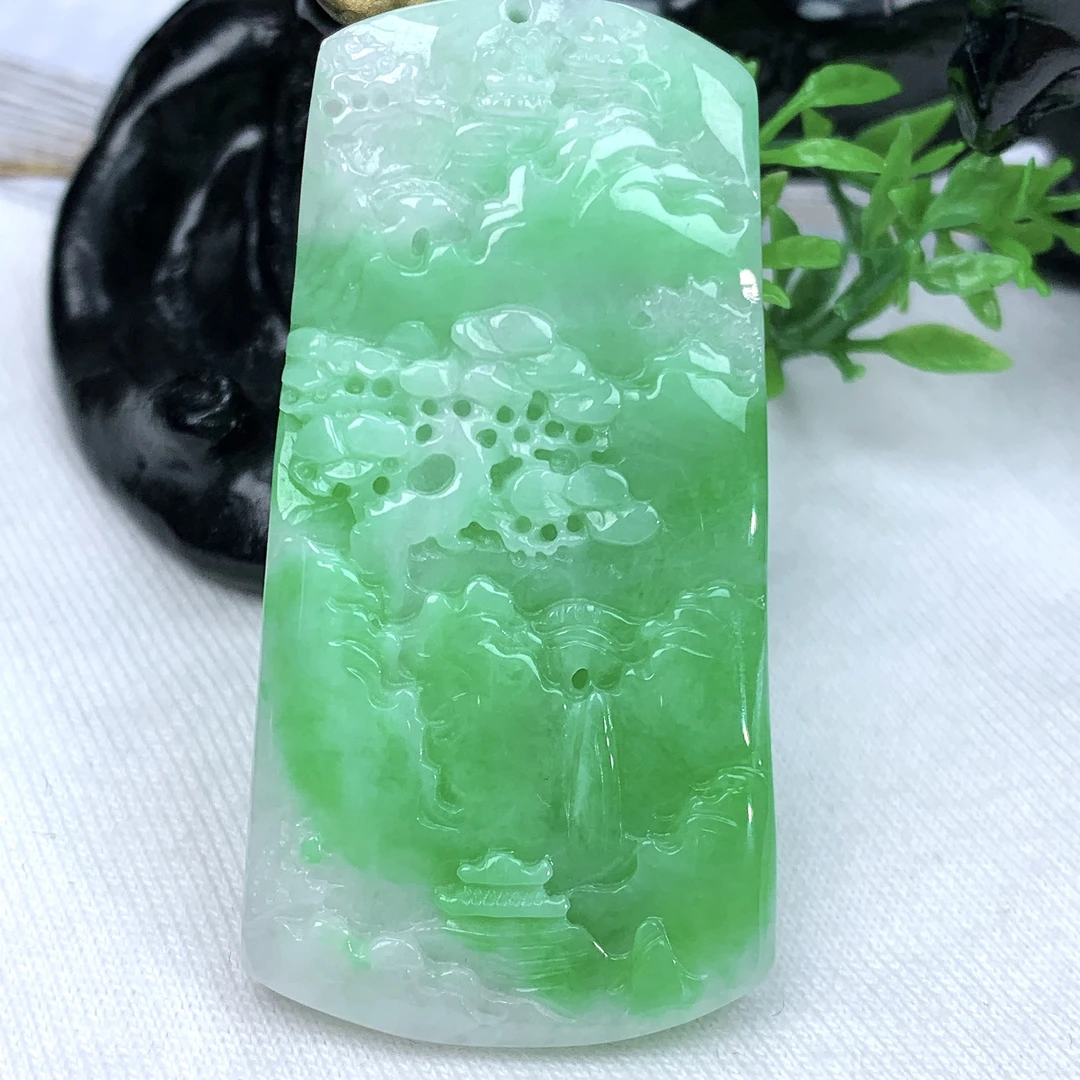 天然缅甸翡翠A货满绿山水吊坠挂件玉牌微瑕53−26.3−5mm