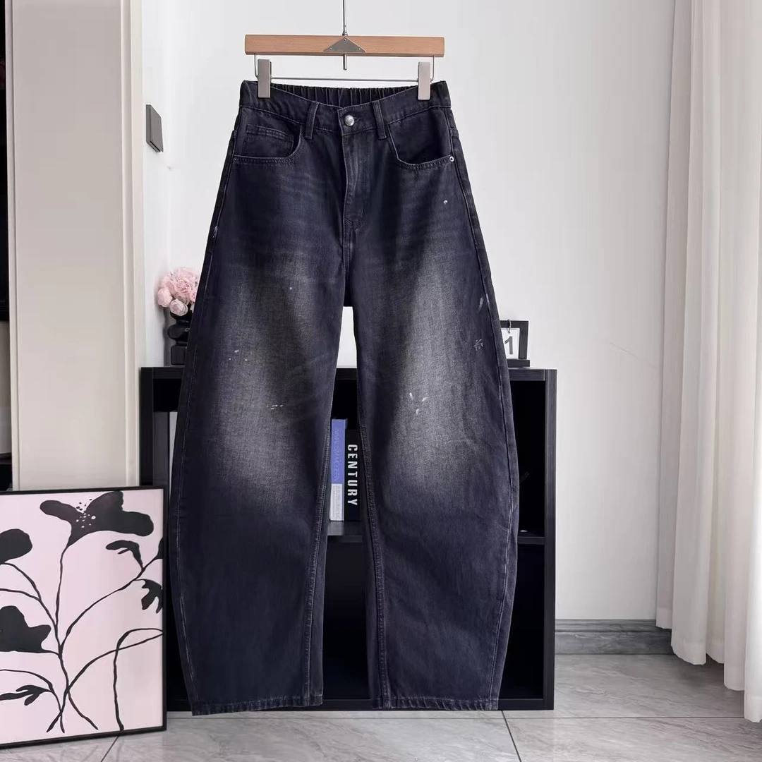 秋冬男士水洗做旧弯刀牛仔香蕉裤泼墨擦砂工艺痞帅宽松8066F