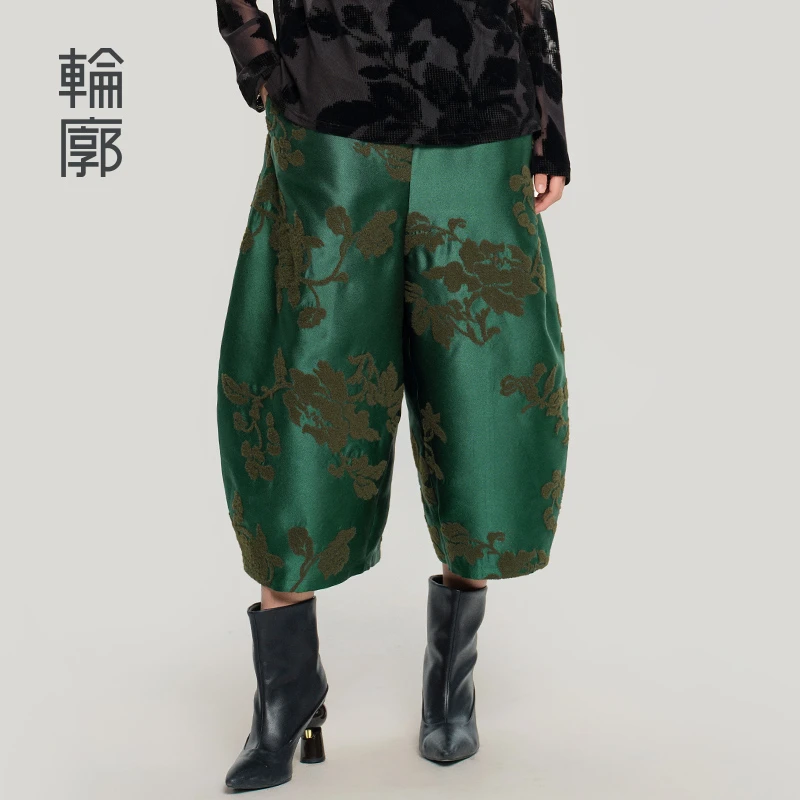 轮廓嘉庆新中式九分花苞裤缎面绣花阔腿裤复古宽松中国风L251K011