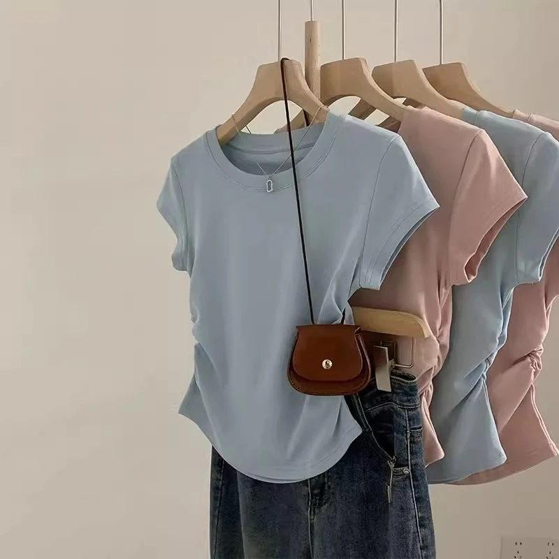 小蛮腰抽皱显瘦正肩棉T女小众短袖夏季短款修身上衣褶皱设计2025