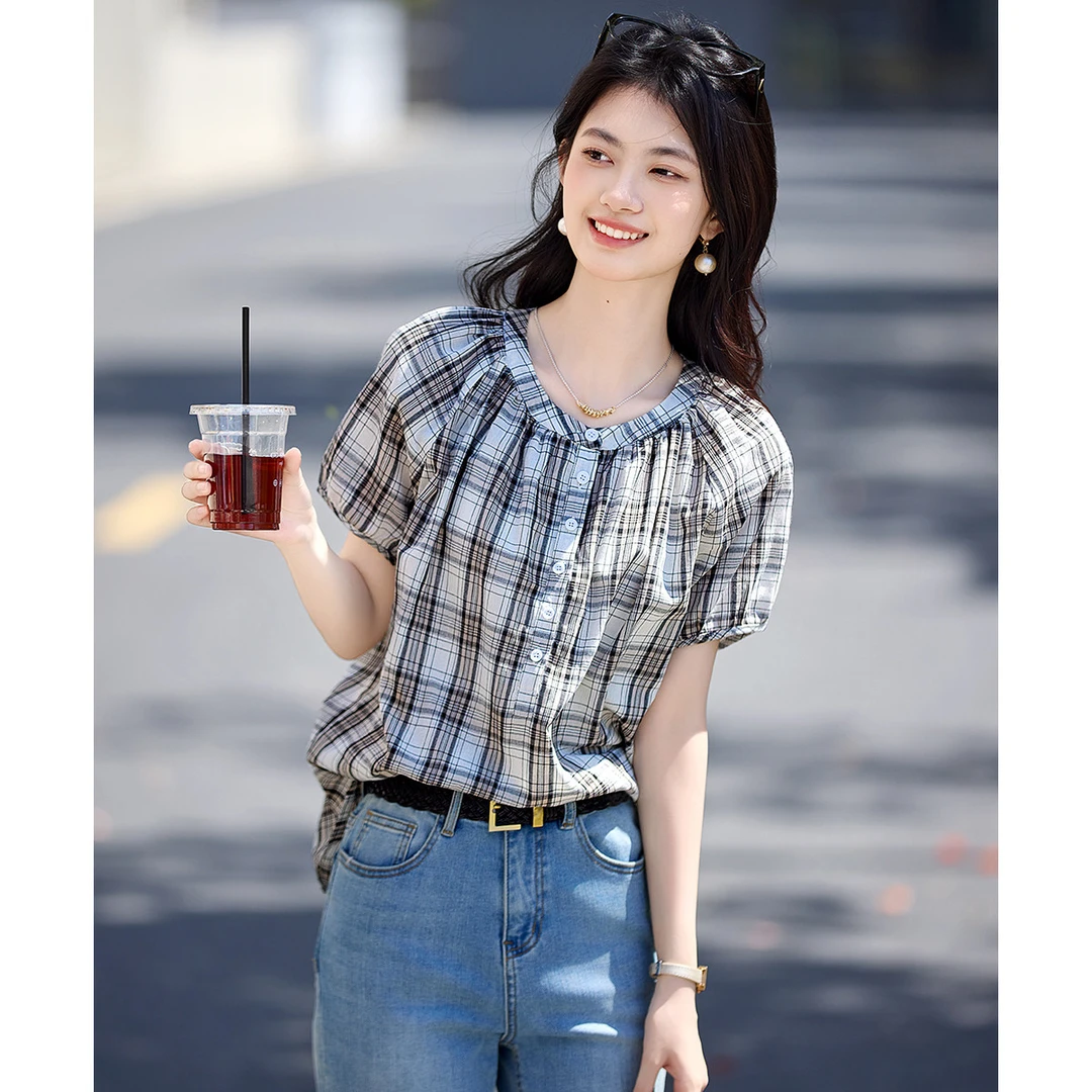 尚静优雅气质格纹圆领短袖衬衫2025夏季新款时尚经典休闲舒适通勤