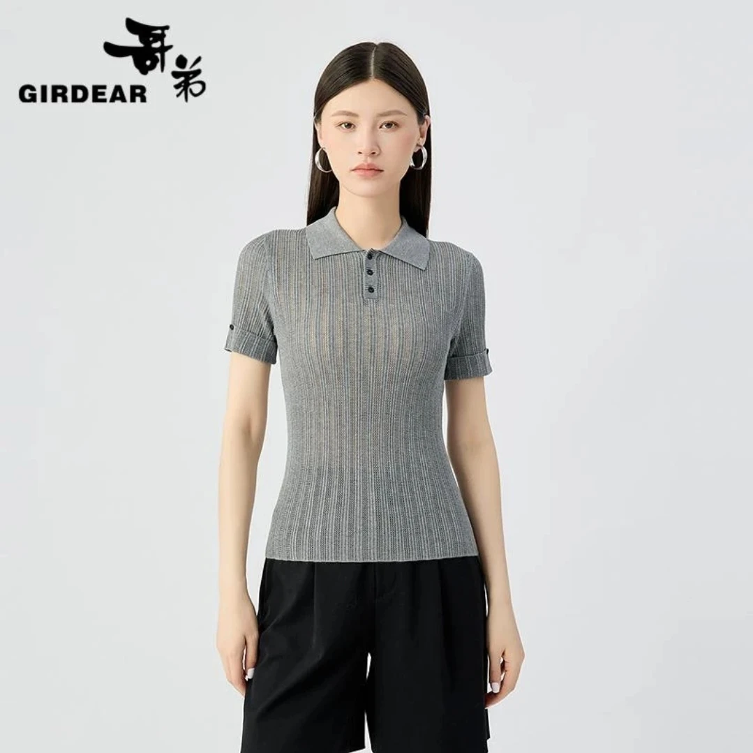 GIRDEAR/哥弟经典气质格雷系经典POLO领短袖薄款针织T恤女138024