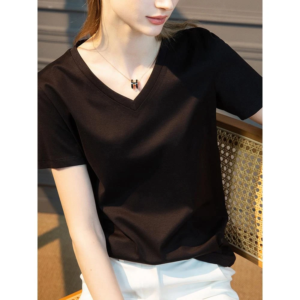 桑蚕丝冰丝光棉高级设计感夏季气质v领短袖女t恤衫2025新款