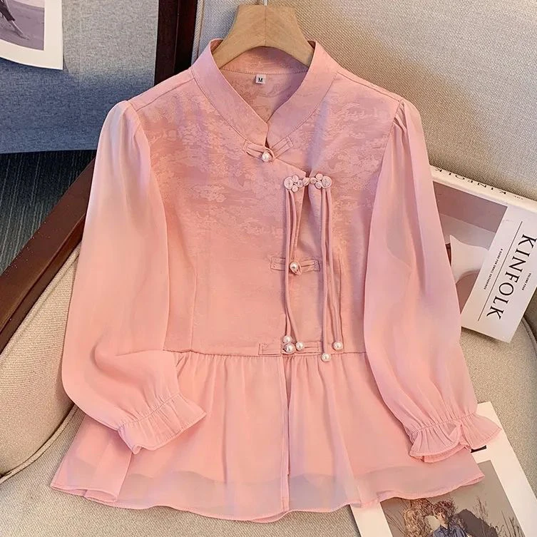 新中式国风显瘦百搭气质盘扣提花拼接衬衫洋气别致女款春装