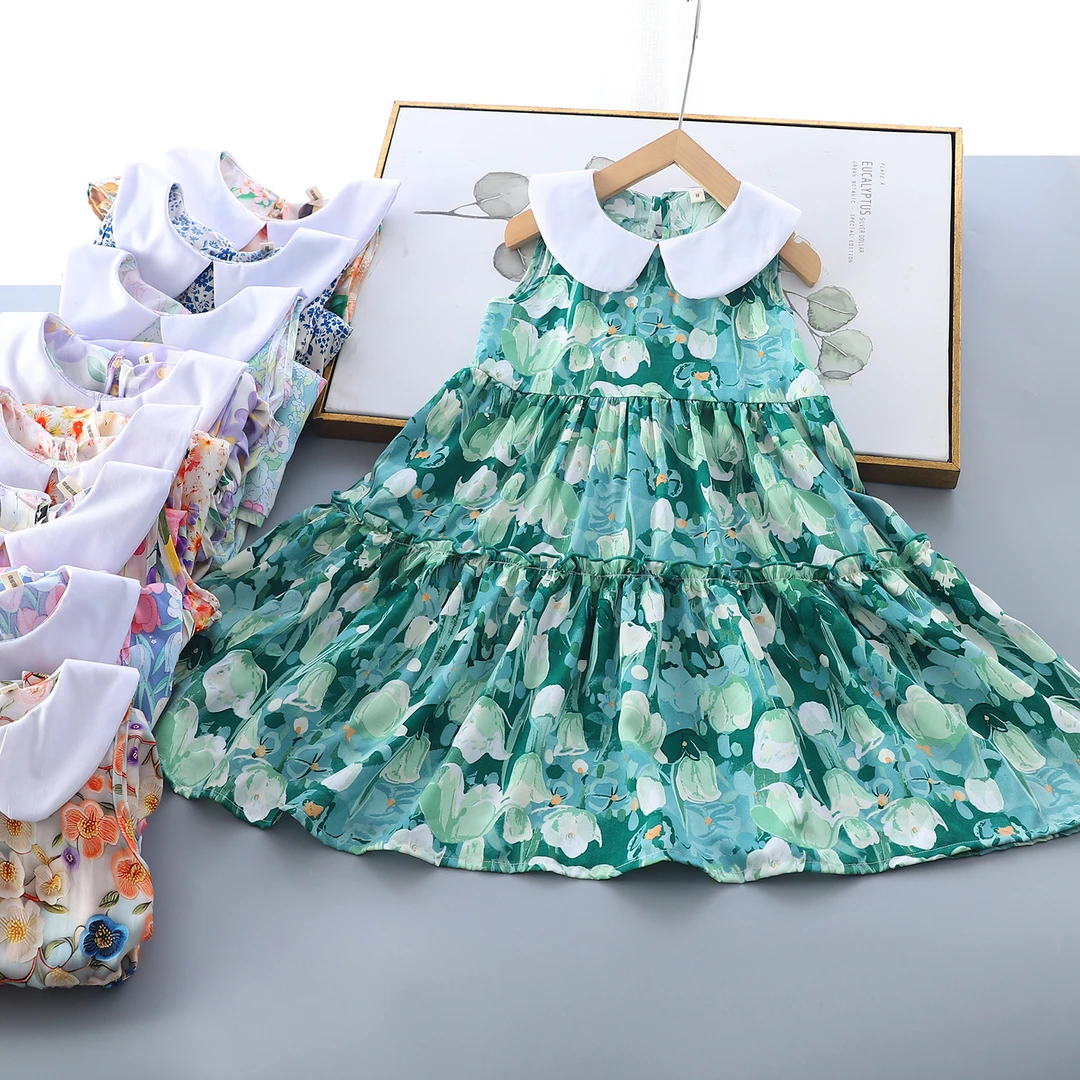 棉绸女童可森系夏季碎花连衣裙小女孩无袖宝宝裙子蛋糕裙人造棉