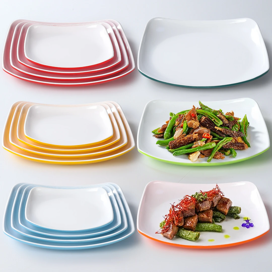 密胺正方形盘子双色仿瓷餐具商用盖浇饭盘子凉菜盘快餐店炒饭盘子