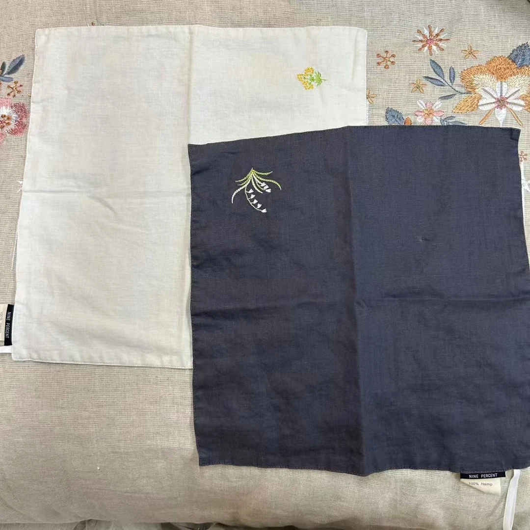 木汀家-纯汉麻刺绣双层小方巾 绣花毛巾