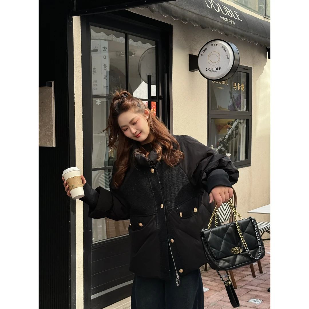 楠序【黑金系列】魏魏微胖女装 冬天防寒外套拼接保暖羽绒服YZ38070