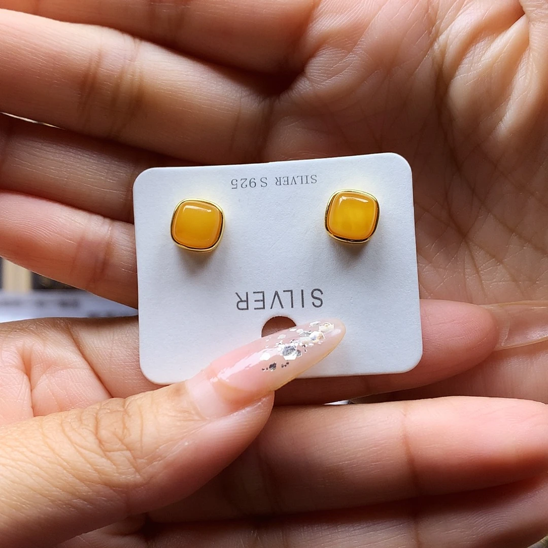 蜜蜡银S925镶嵌耳饰耳钉