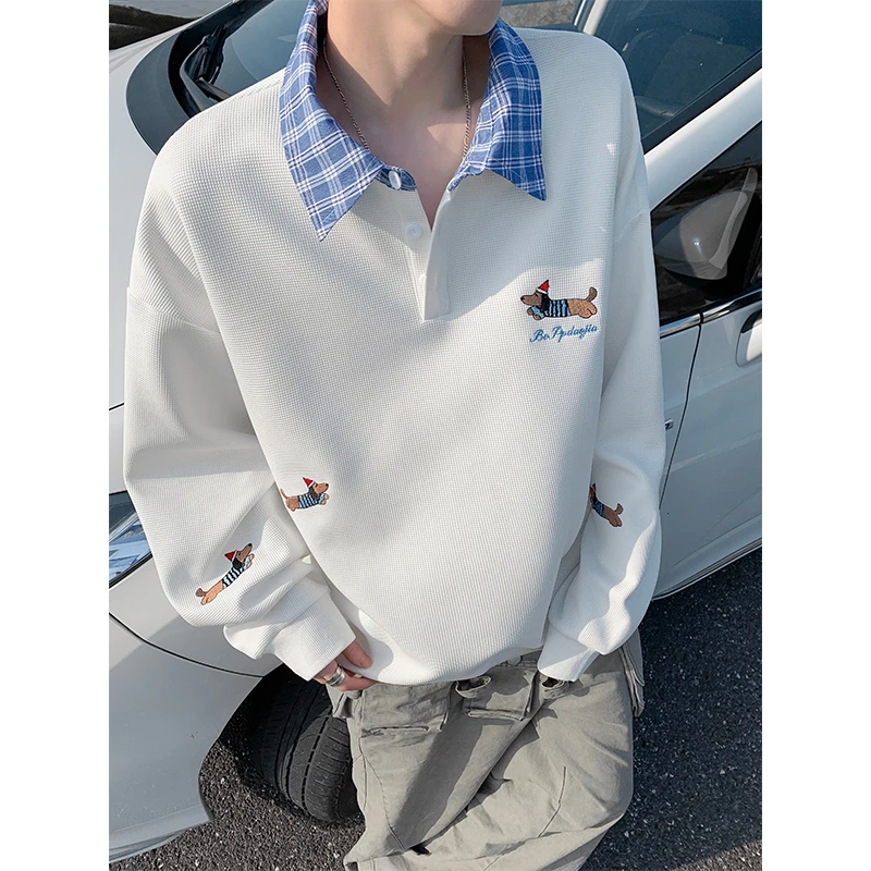 腊肠狗刺绣卫衣男设计感polo领外套秋季青少年潮流宽松华夫格上衣