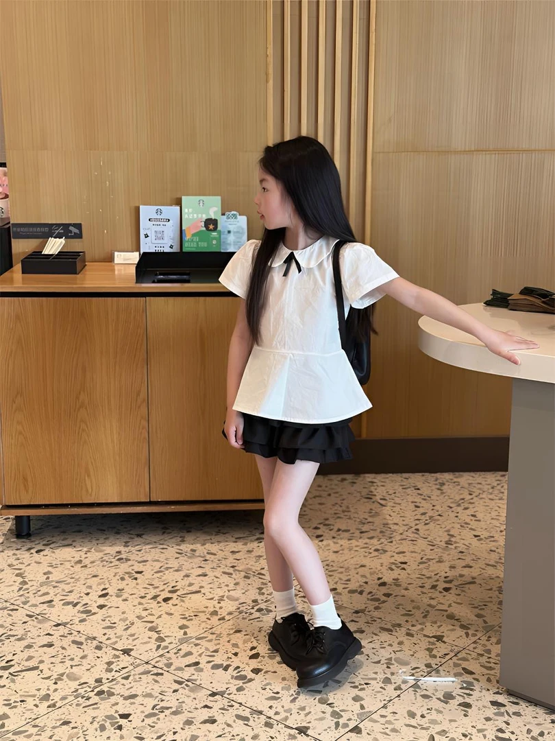 女童2025夏季新款洋气宝宝学院风蝴蝶结娃娃领衬衫蛋糕裙两件套装