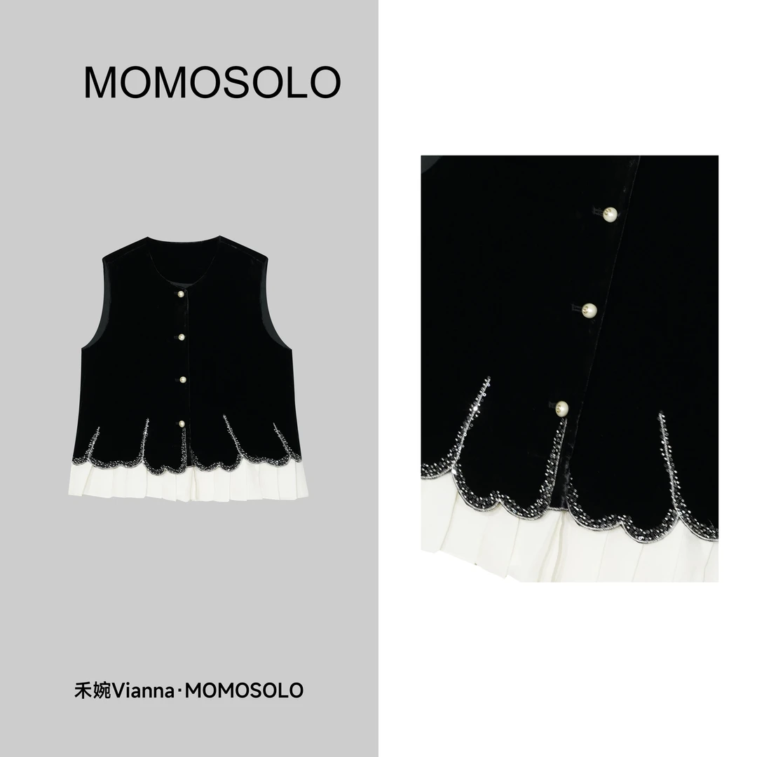 禾婉【慕夜菱纱】2026款人丝丝绒法式花瓣钉珠拼接叠穿马甲260267