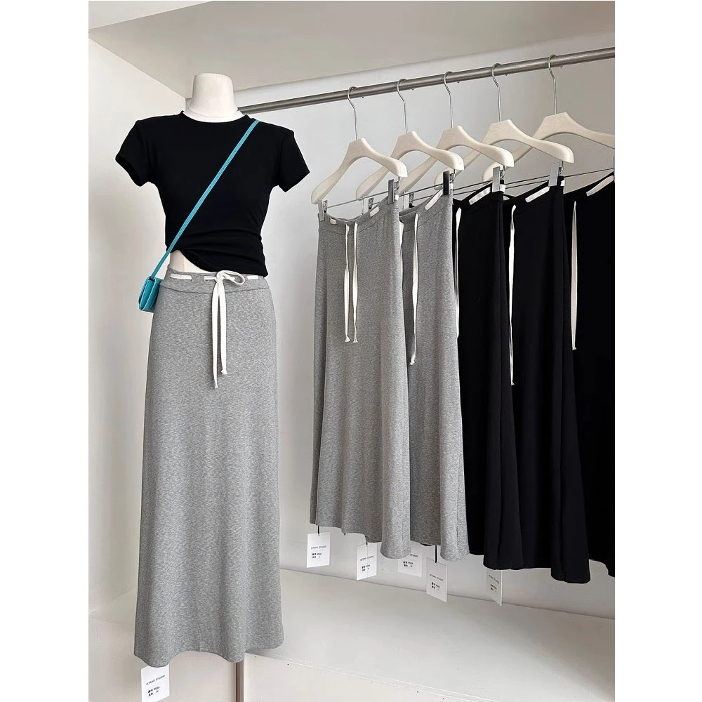 设计感抽绳百搭显瘦A字长裙子女夏季穿搭高腰遮胯垂感纯色半身裙