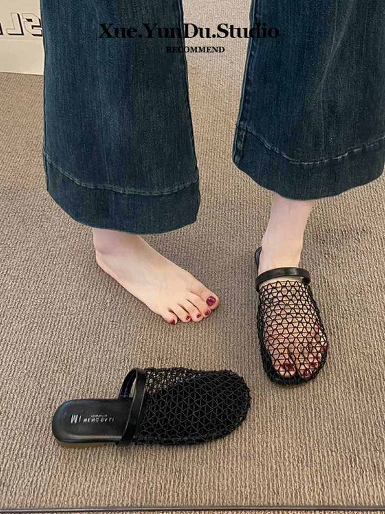 网红渔网凉鞋女鞋春夏外穿海边包头凉拖鞋时尚ins平底罗马鞋拖鞋