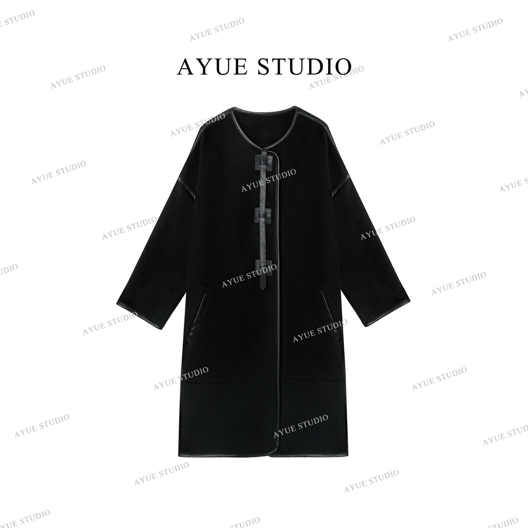 AYUE「解构主义」松弛感皮扣骆驼绒黑大衣AY2SDCB2036