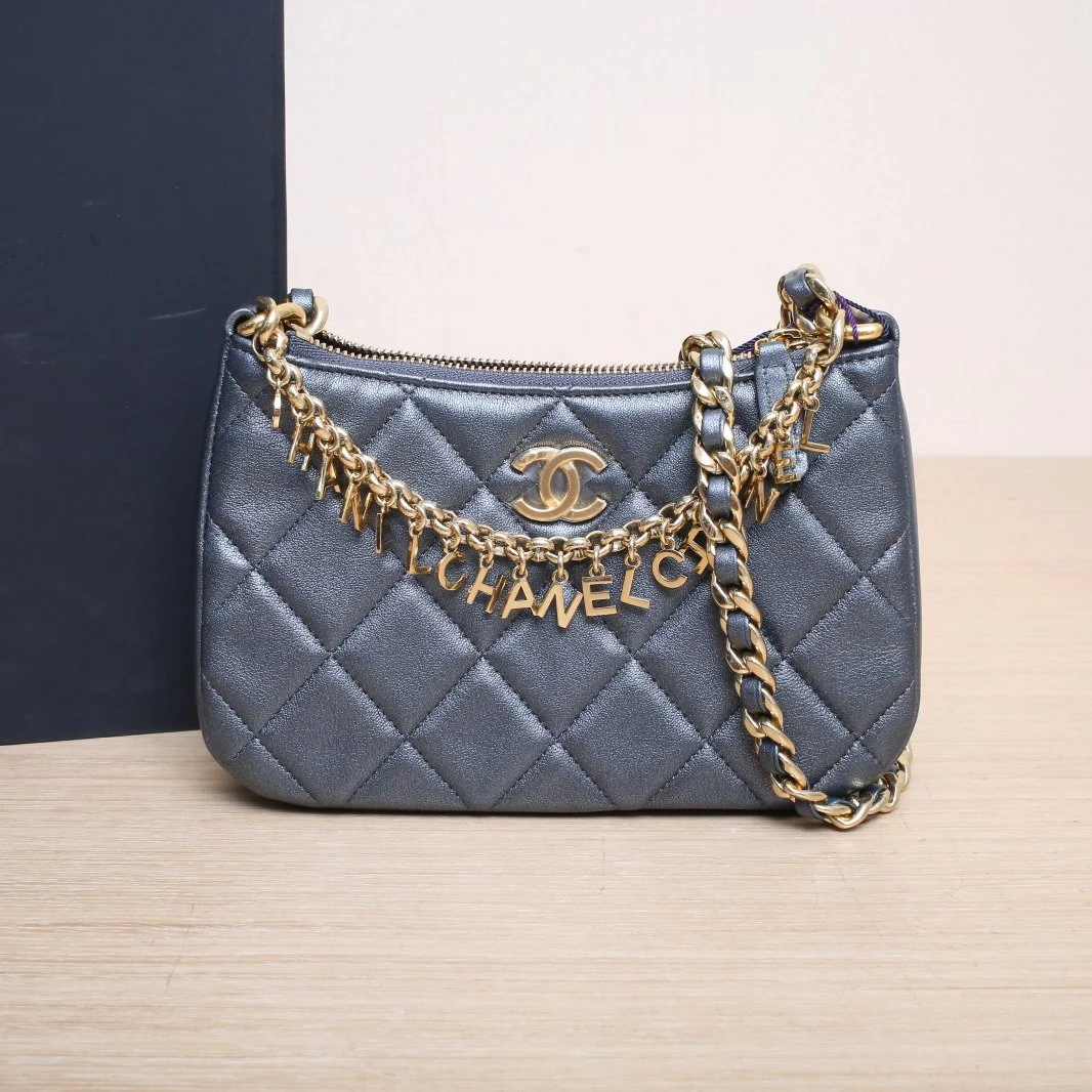 99新 Chanel/香奈儿 【黑黑】灰色 珠光灰 24P Hobo 腋下包