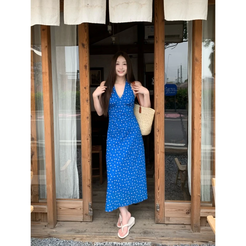 PPHOME自制~热辣普吉岛 蕾丝花边挂脖碎花裙女夏季系带无袖连衣裙