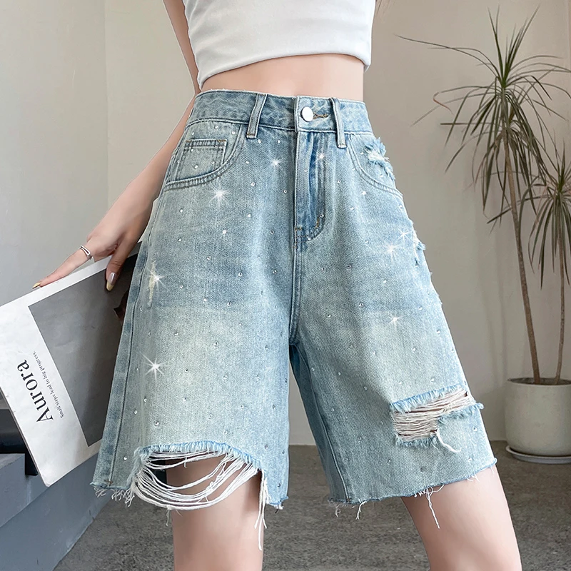 闪钻破洞牛仔短裤女2025夏季薄款宽松遮肉阔腿中裤清凉潮牌五分裤