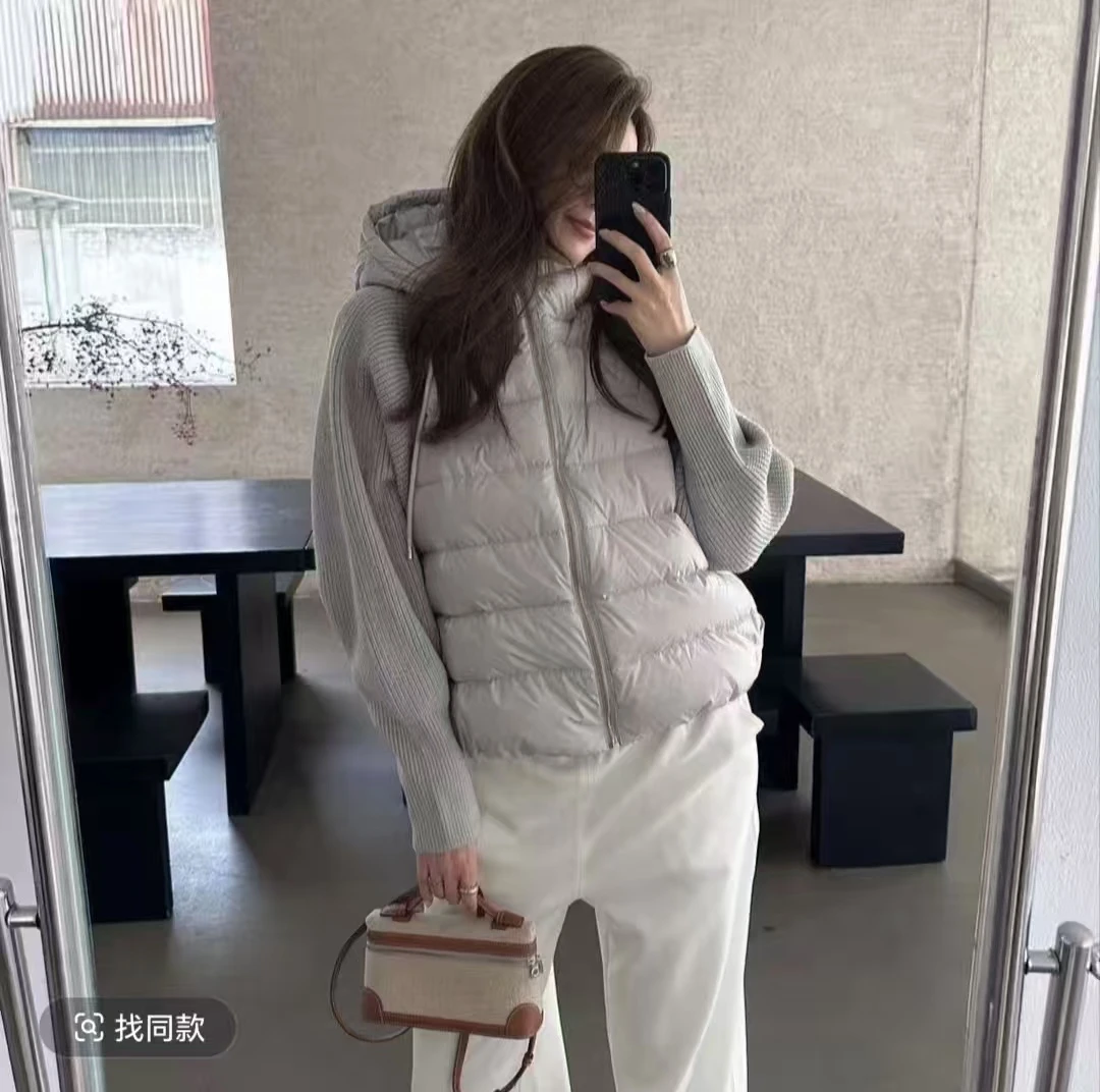 冬季减龄新款连帽短款松弛感韩版女小个子洋气针织袖拼接棉服外套