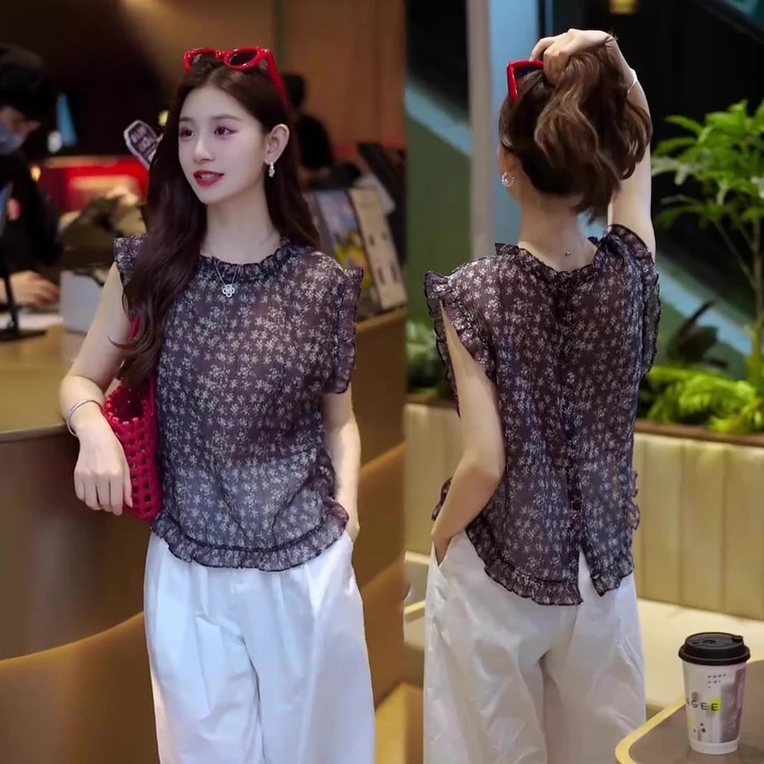 2025夏季新款女士法式复古碎花木耳边雪纺衫小众减龄短袖衬衣上衣