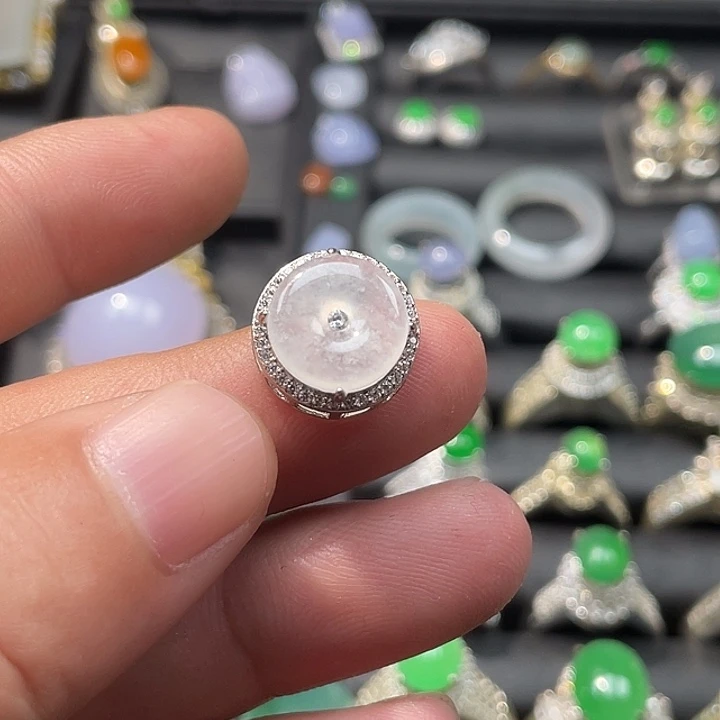 翡翠裸石木纳雪花棉平安扣潘多拉S925银镶