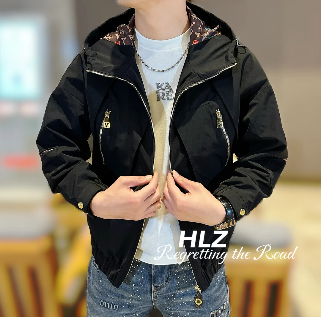 2025男士春季新款休闲时尚两穿印花撞色字母连帽帅气百搭夹克外套