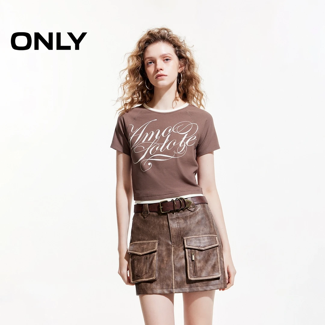 ONLY2025春季新款时尚休闲撞色拼接圆领短款短袖T恤女|125101049