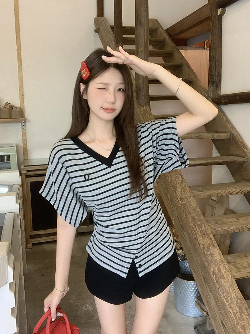 2025夏新胖mm大码设计感撞色条纹不规则短袖T恤老钱风松弛感女装