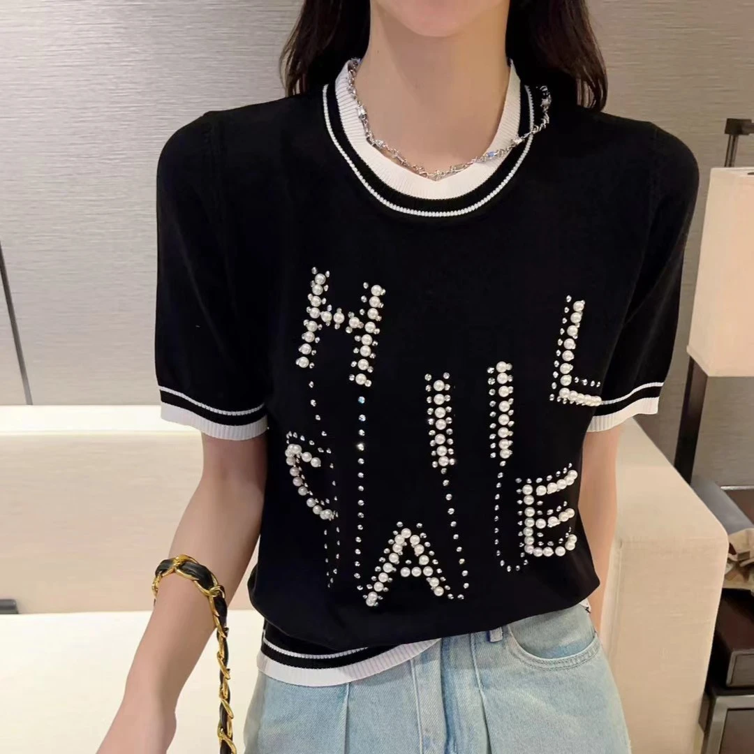 重工字母钉珠烫钻冰丝针织衫短袖T恤女夏季新款洋气减龄打底上衣