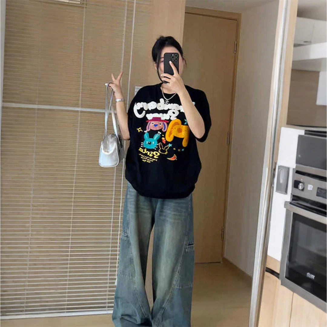 特大码女装胖mm复古印花短袖t恤女宽松显瘦高级感百搭休闲上衣潮