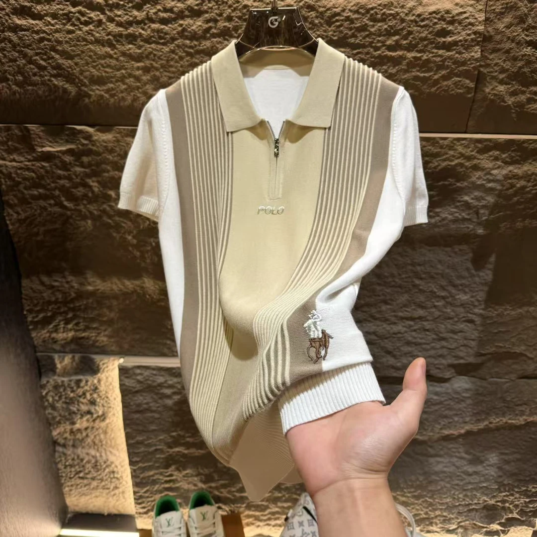 FOREPAS2025夏季翻领老钱风竖纹拼色男女同款POLO衫新款（坤专属）