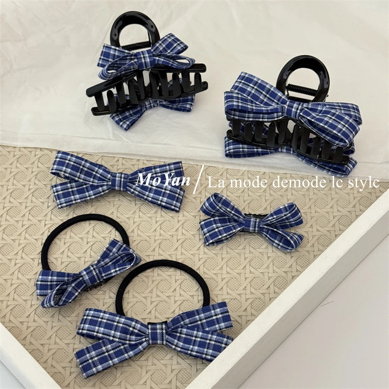 韩版藏青格纹布艺蝴蝶结抓夹甜美高级感侧边刘海夹女百搭发夹发绳