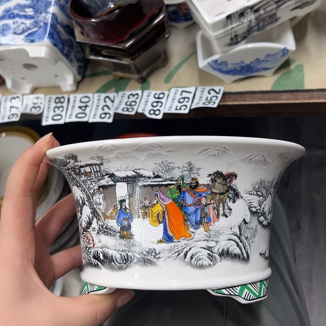 紫砂花盆681号瑕疵19.5/10cm三顾茅庐