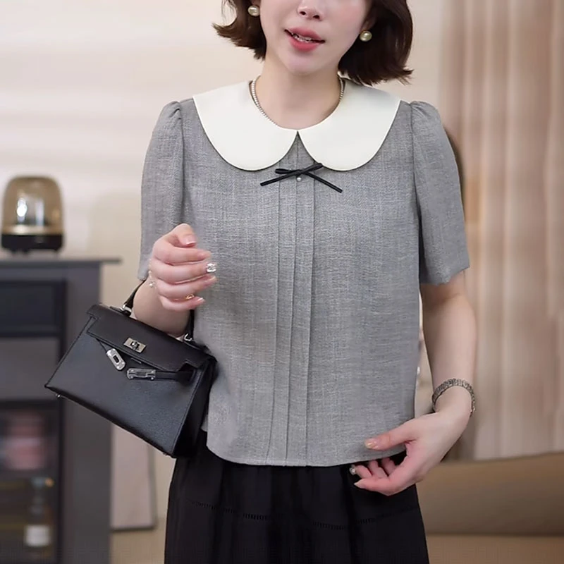 娃娃领衬衫女夏季2025新款宽松显瘦时尚减龄遮肚子特别致短袖上衣