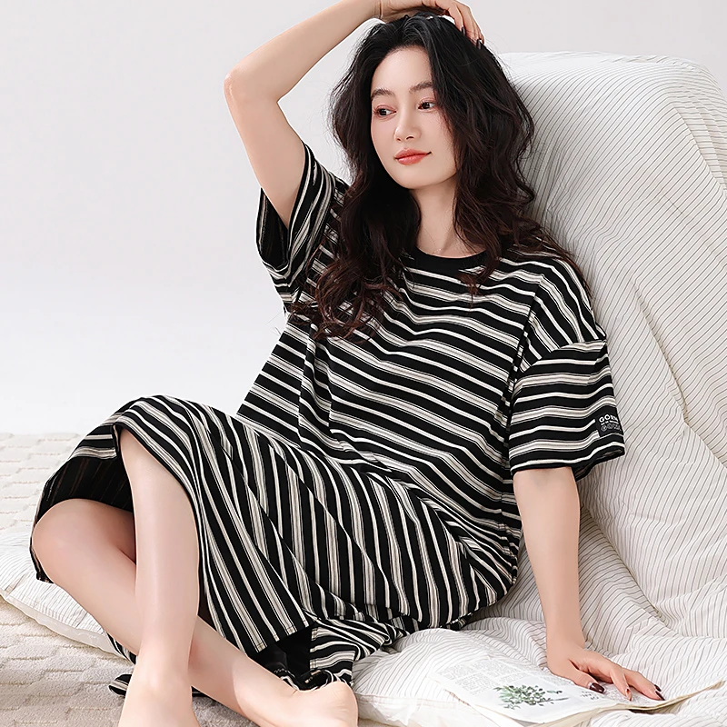 100%纯棉短袖睡裙女夏季薄款条纹宽松睡衣连衣裙女士加大码家居服