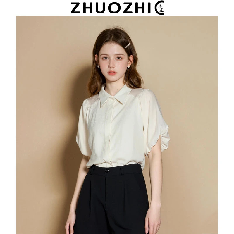 [特价]法式polo领花苞短袖白色衬衫2025夏季新款轻奢百搭气质上衣