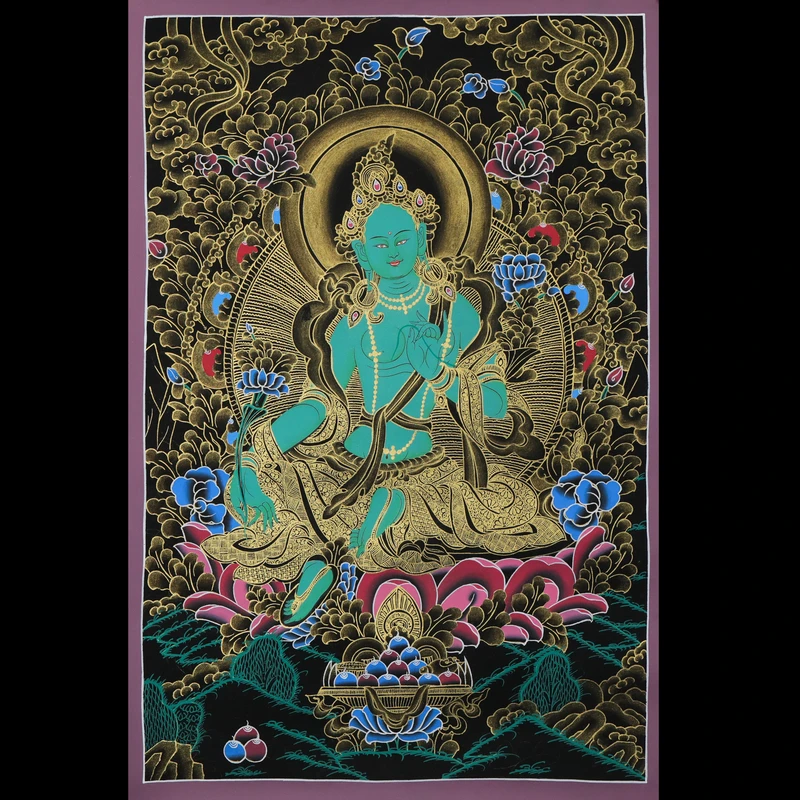 尼泊尔天然矿物质手绘--绿度母唐卡-1约40x58cm G12240202-09