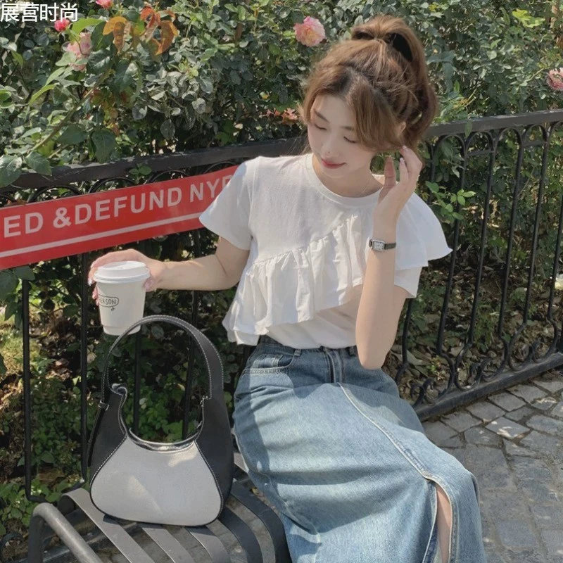短袖正肩T恤女独特设计感小众法式绝美别致荷叶边上衣配牛仔裙夏