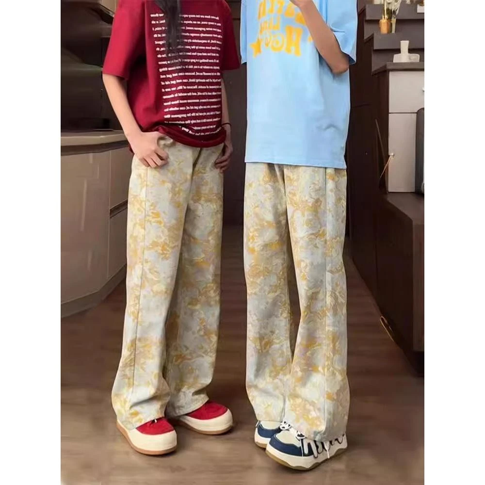 cleanfit金黄色提花软牛仔裤男女夏季加长显瘦直筒裤子美式休闲裤