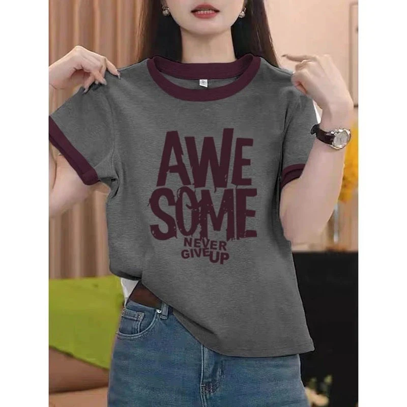 2025新款夏季正肩圆领撞色领短袖t恤女设计感时尚百搭深灰色上衣