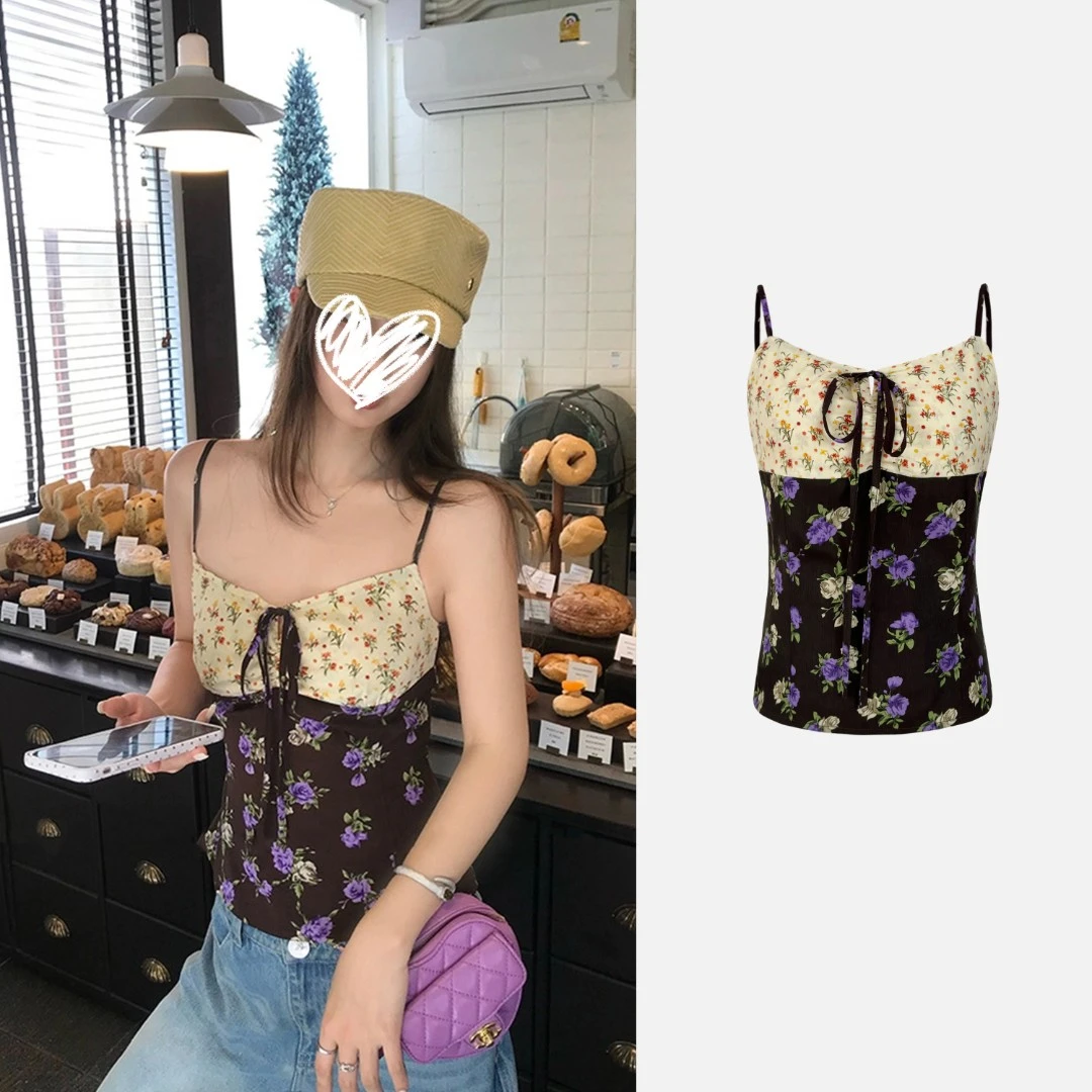 【现货专属】 8637# 梦回西西里 复古碎花拼接撞色吊带