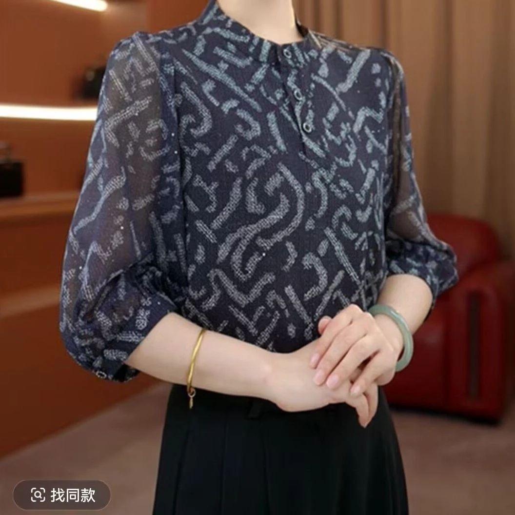 条纹七分袖薄款夏季扎染时尚衬衫提花印花复古显瘦