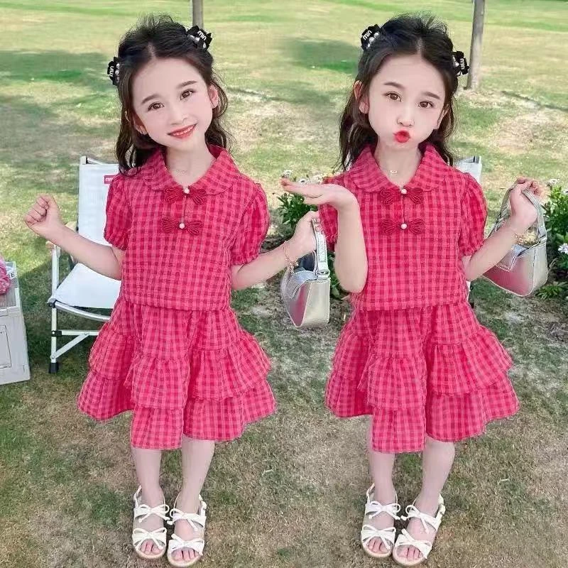 女童夏季洋气套装国风新中式盘扣上衣格子蛋糕裙宝宝网红两件套潮