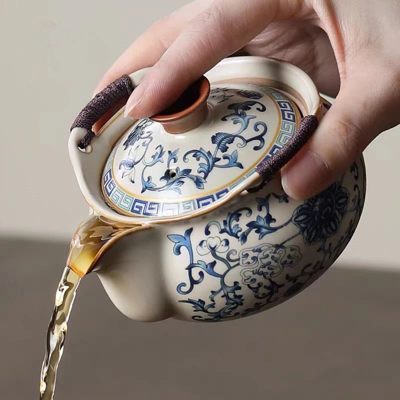 汝窑青花手抓壶盖碗茶壶茶杯高档大号防烫家用功夫茶具泡茶茶碗