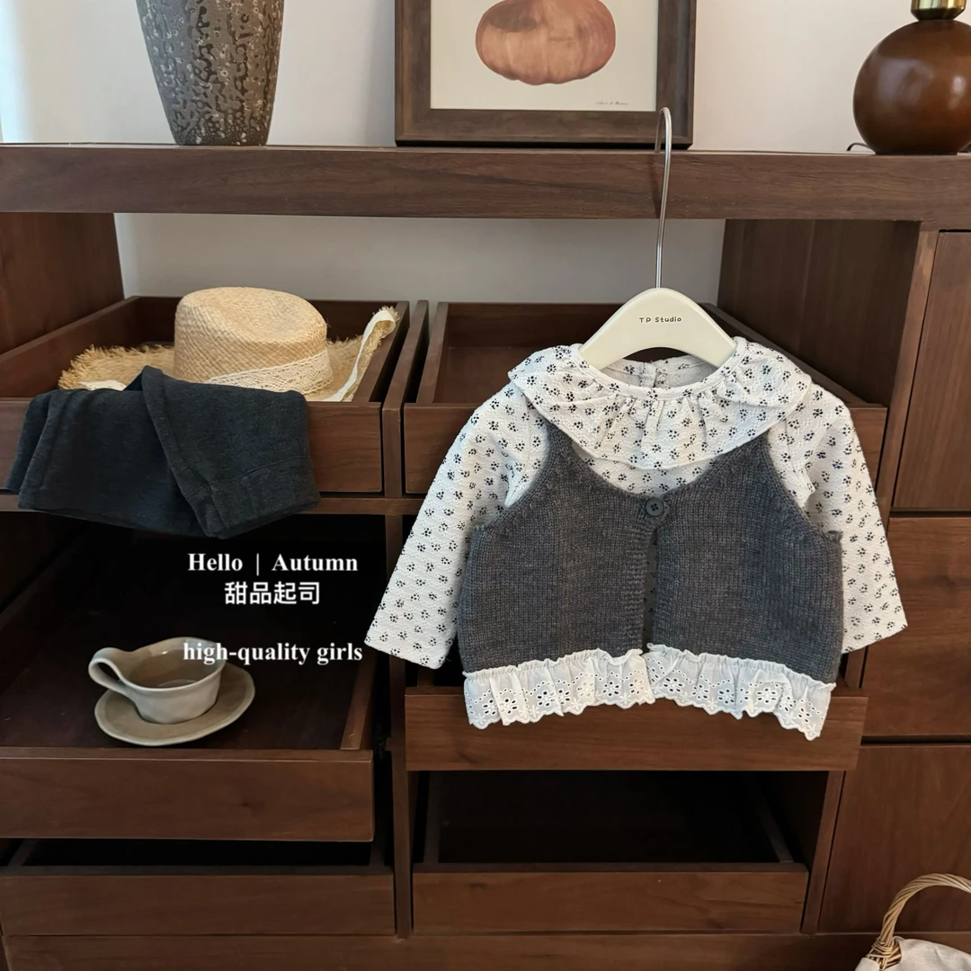 【甜品起司】宝藏搭配！女宝宝超舒适韩系小碎花开衫吊带喇叭裤套装