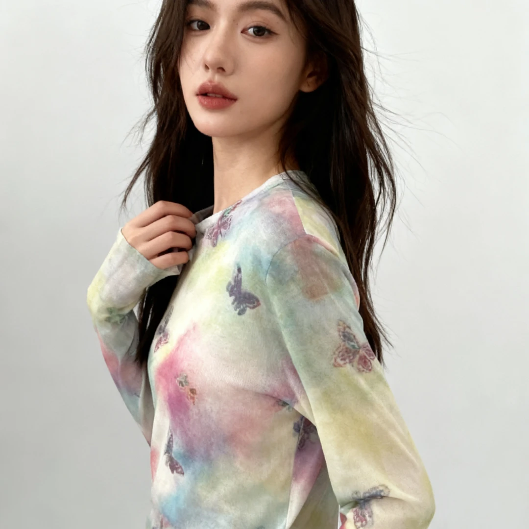 扎染晕染印花长袖圆领宽松显瘦韩版小众打底毛衣女6567