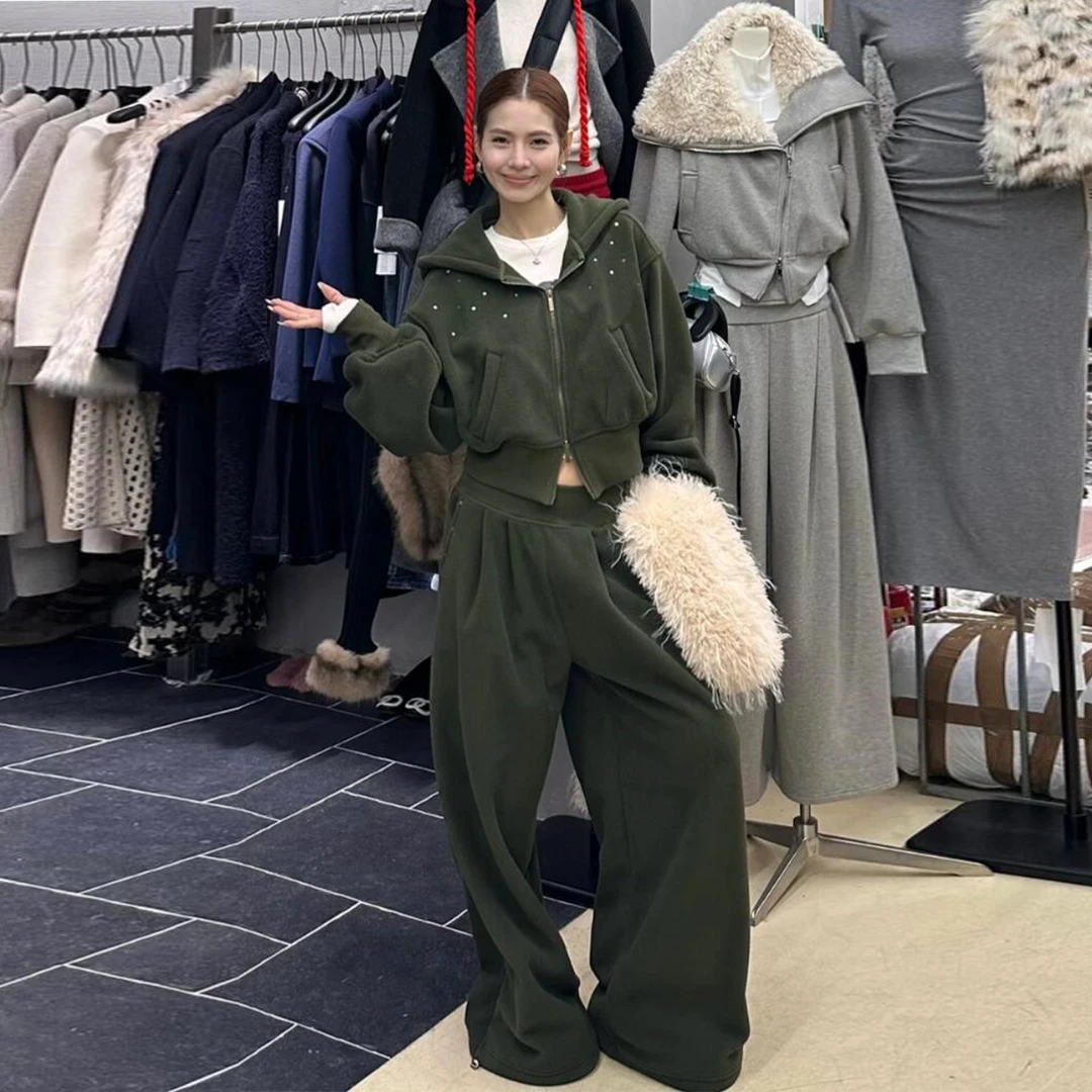 美式设计感辣妹休闲运动套装女秋冬复古加绒连帽卫衣阔腿裤两件套