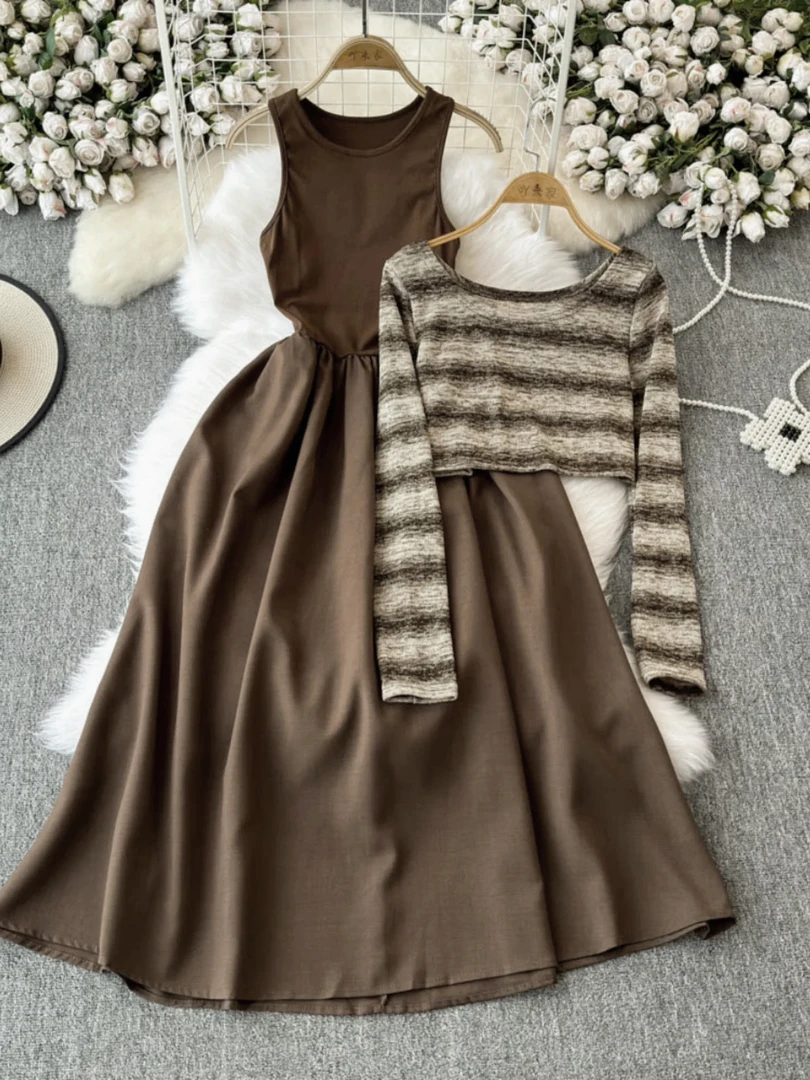 256【两件套】宅女故事 · 舒适连衣裙+针织罩衫时尚韩系套装（J22）