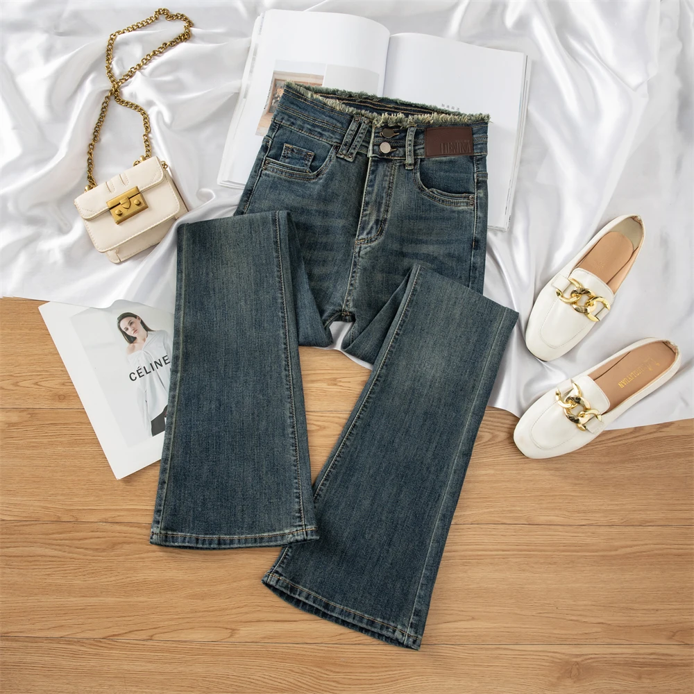 水泥灰微喇叭牛仔裤女春季2025年新款高腰显瘦修身加长马蹄拖地裤