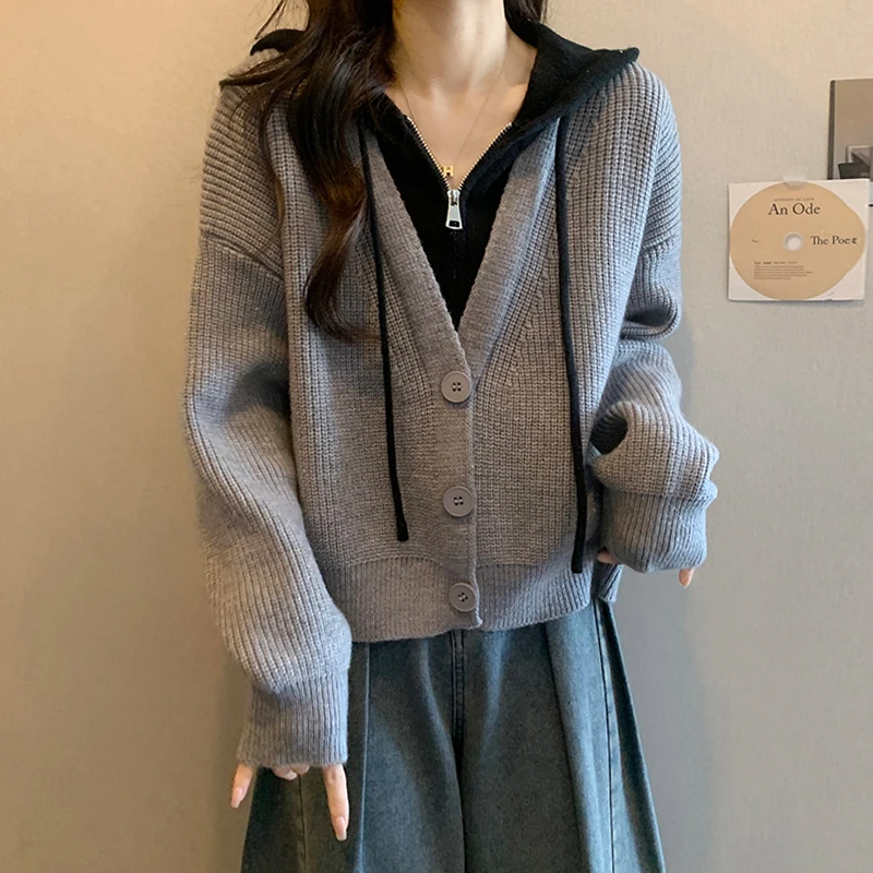 灰色连帽毛衣外套女春秋新款针织开衫宽松显瘦假两件上衣